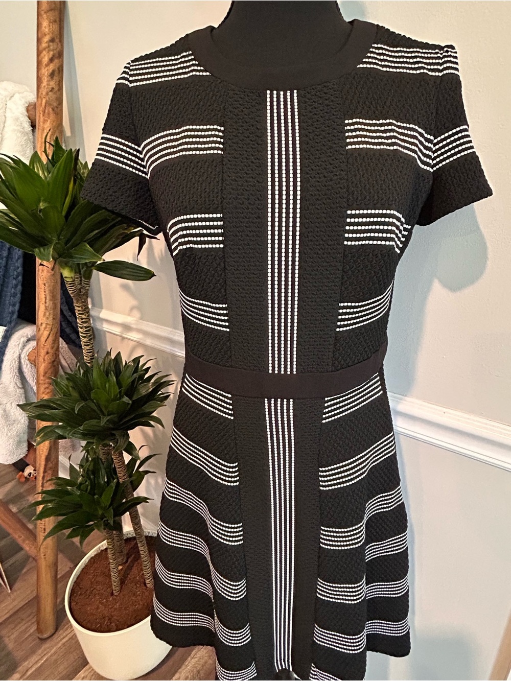 Maggy London Petites Black Mini Dress with White Stripe Detail Size 8P
